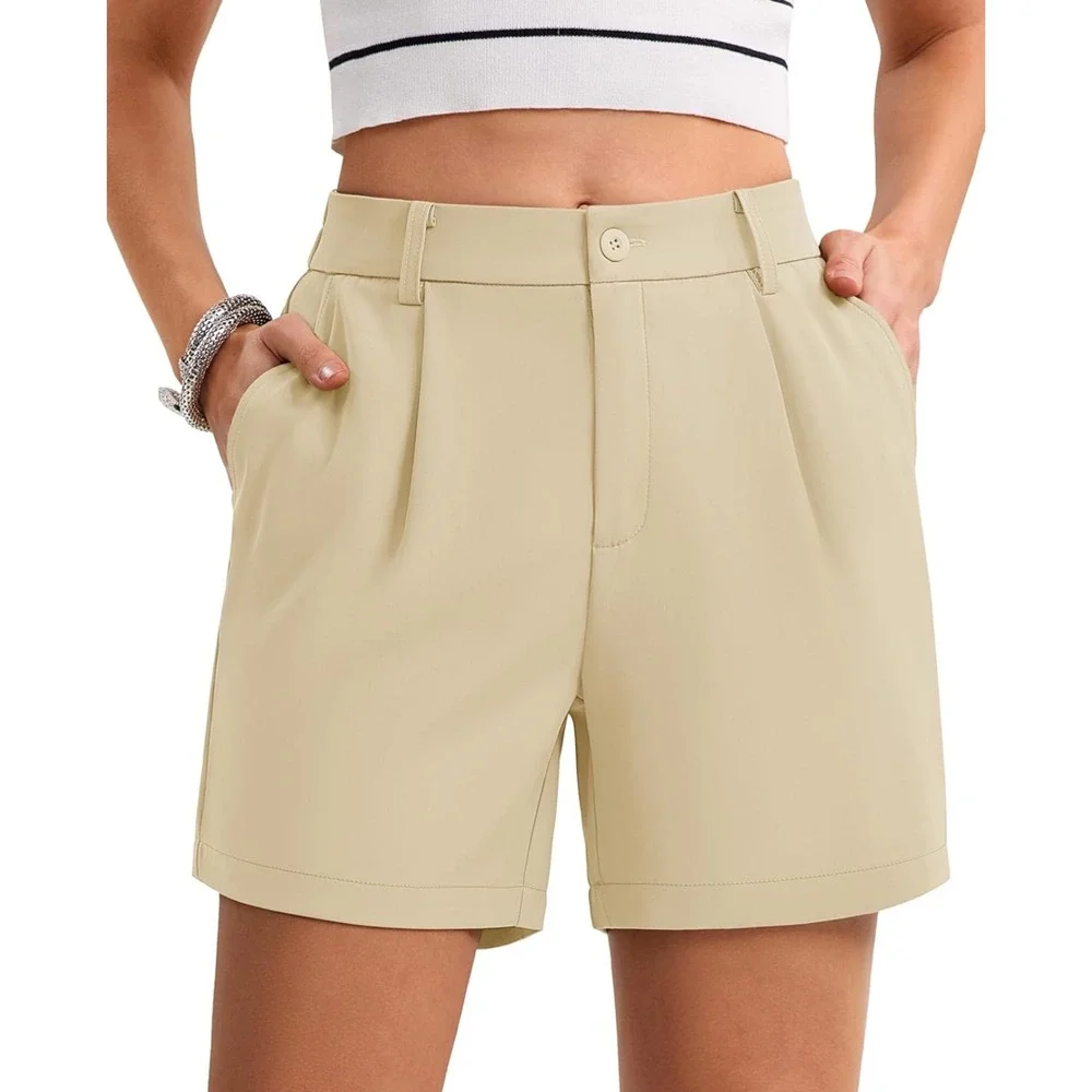 Magcomsen‎ Womens Beige High Waisted Pleated Wide Leg Dress Shorts Size 2XL NWT